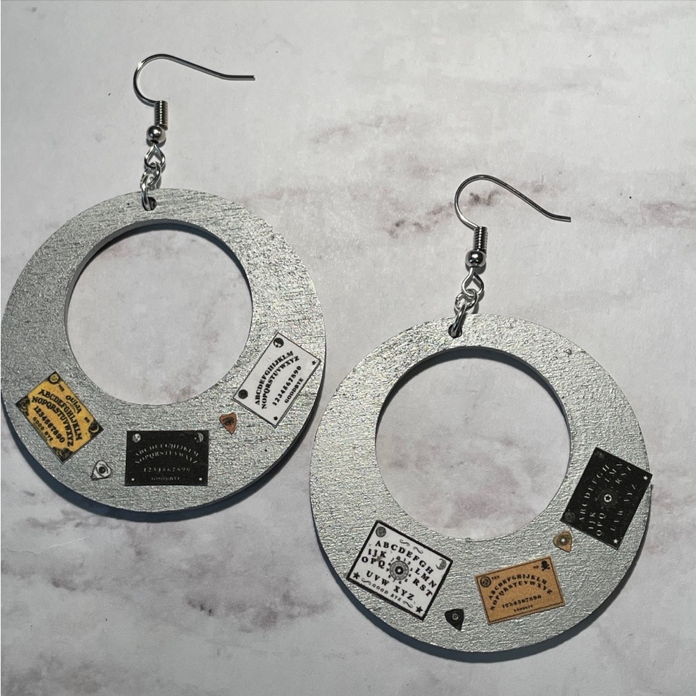 Ouija board and planchette hoop earrings one of a kind